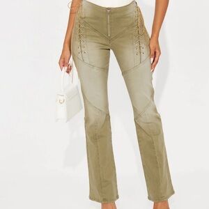 Olive Lace-Up High-Waisted Pants